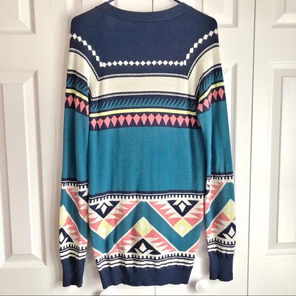 Nollie Boho Blue Aztec Print Long Grandpa Cardigan Small - Picture 12 of 14